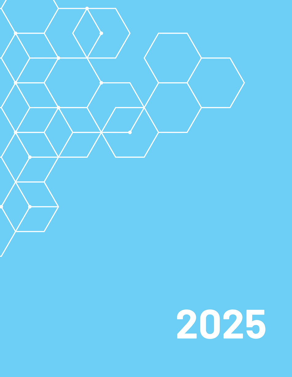 Blue background with geometric hexagons and the year 2025