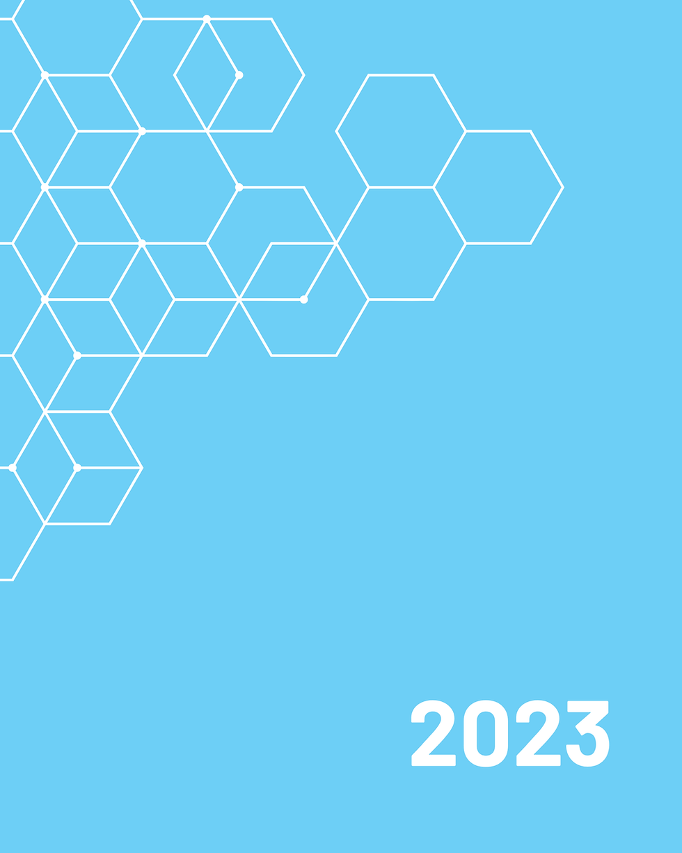 Blue background with white hexagons and the year 2023