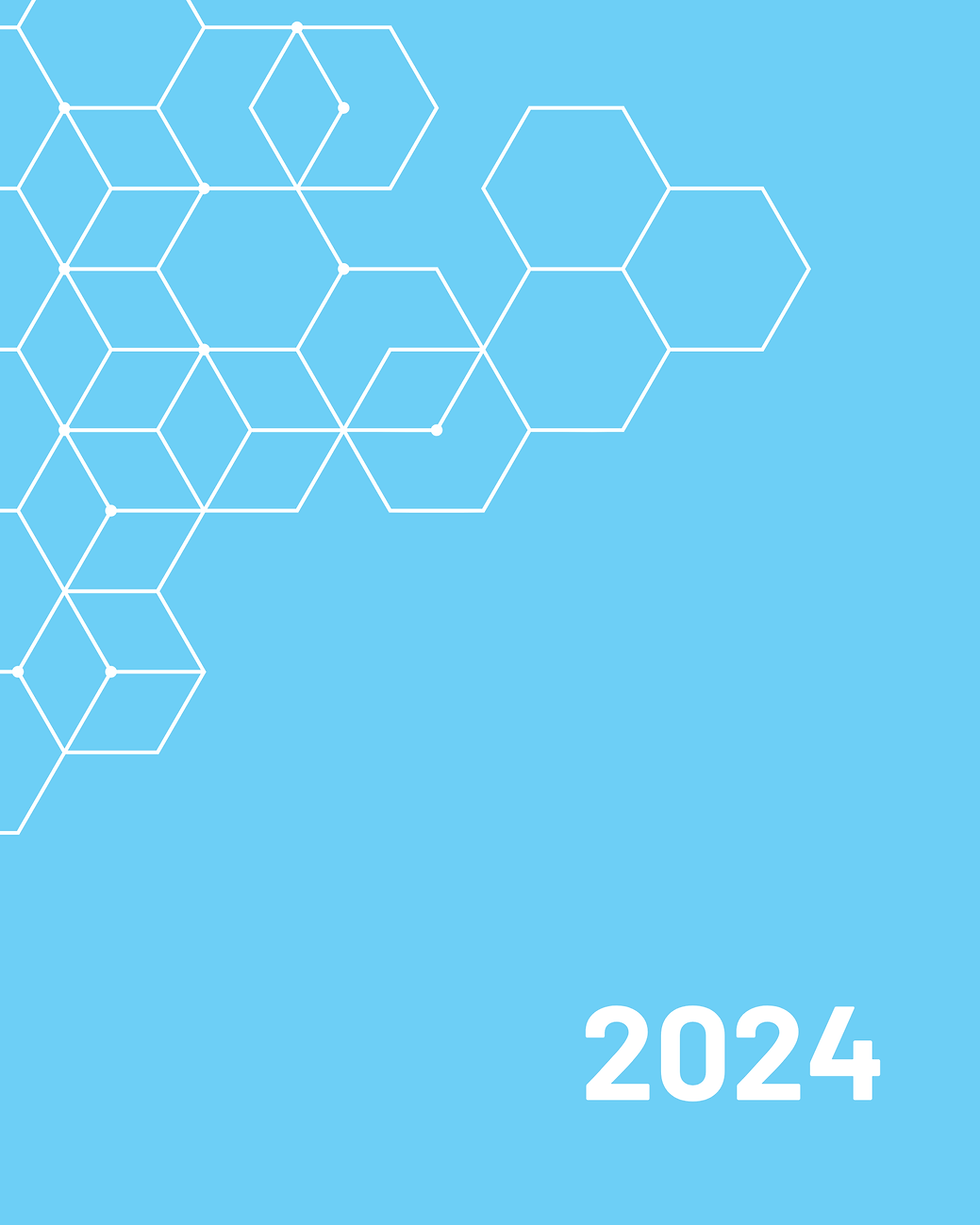 Blue background with white hexagons and the year 2024