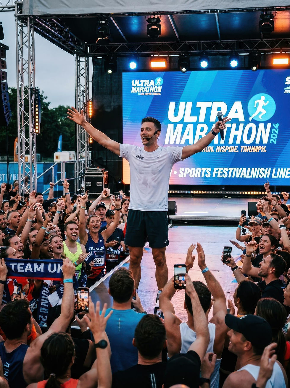 Runner on stage at Ultra Marathon 2024 cheering the crowd