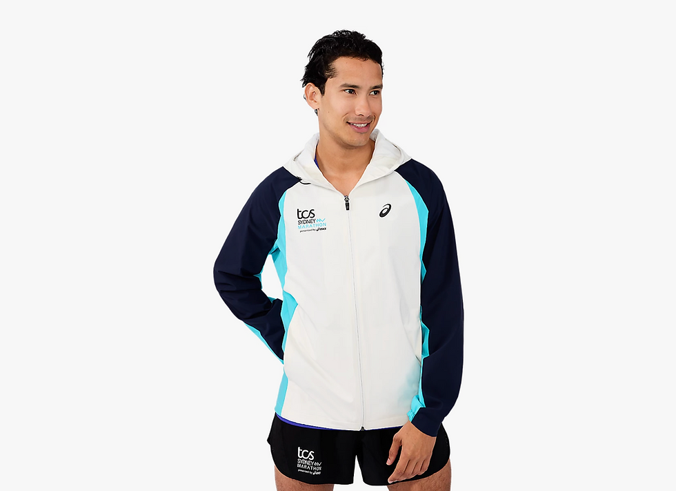Runner in Asics TCS London Marathon jacket and shorts.
