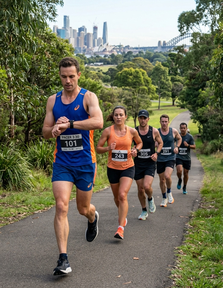Pace Team runners on a park trail with city skyline