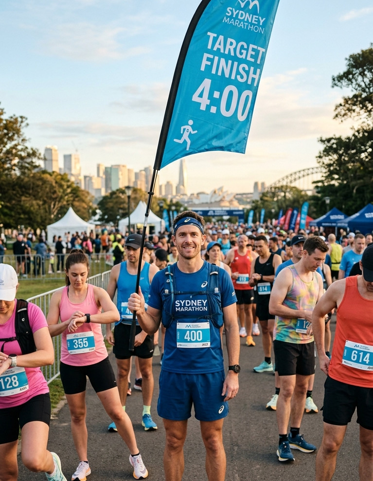 Pacer holding a 4-hour target finish flag at a race