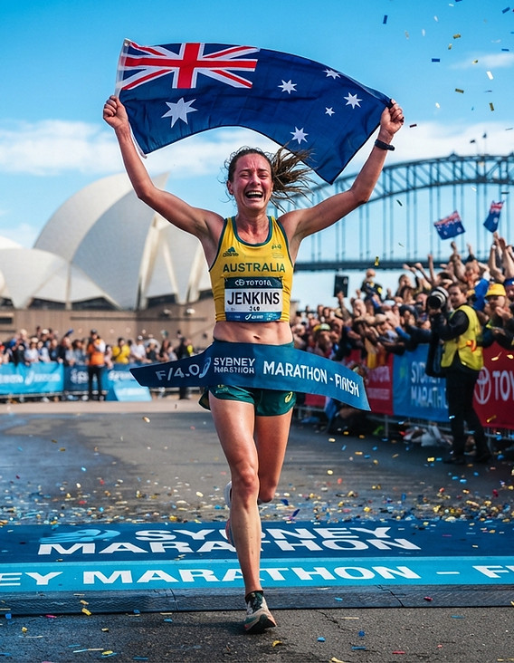 Runner Jenkins wins Sydney Marathon holding Australian flag.
